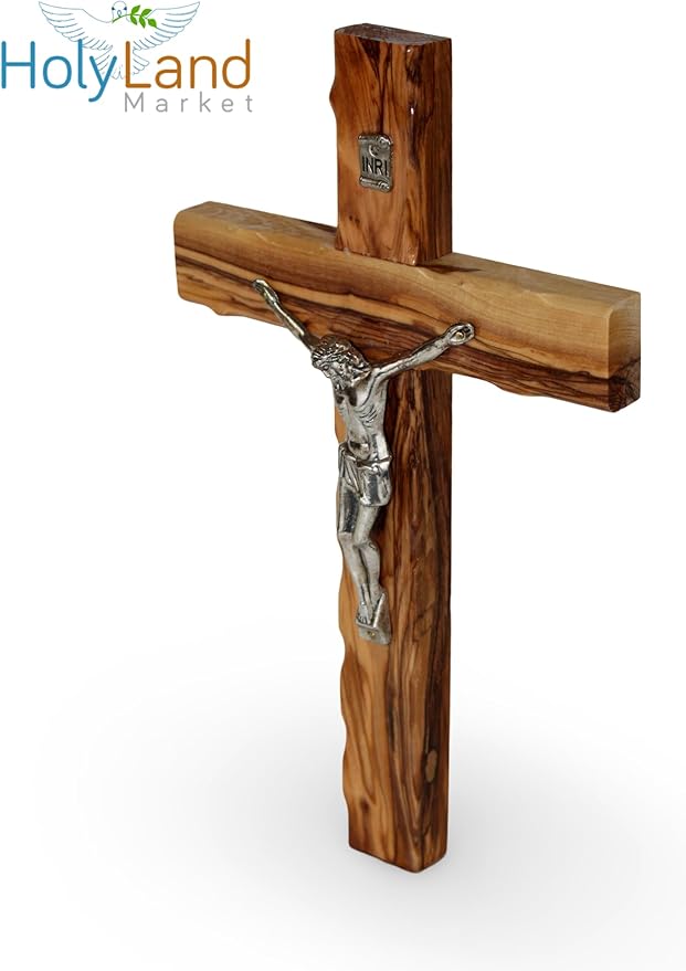 Holy Land Market Olive Wood Cross 10 Inch Crucifix - Hand Carved Catholic Wall Decor from Bethlehem, Home Decor with Certificate & Lord's Prayer Card, Supports Christians in Holy Land