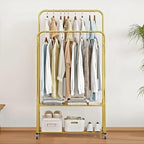 SUOERNUO Clothes Rack with Wheels Garment Rack for Hanging Heavy-Duty Clothing Rack Metal Rolling Clothes Shelves for Bedroom, Closet (Golden)