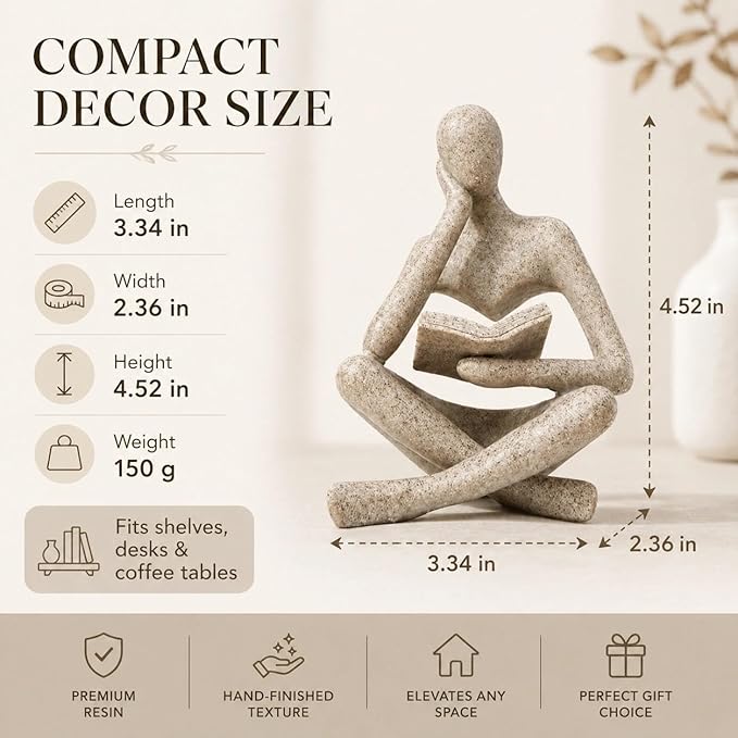 Bookshelf Decor Thinker Statue, Sand Abstract Reading Figurine Style A, Resin Decorative Bookend for Coffee Table, Shelf, Home Office, Library, Gift for Book Lovers