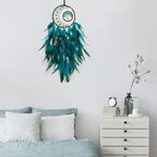 KHOYIME LED Dream Catcher Light Up Tree of Life Dreamcatcher with Healing Crystal Stone Handmade Feather Wall Hanging for Bedroom Bohemian Home Decor Wedding Ornament Craft Gift (Blue&Green)