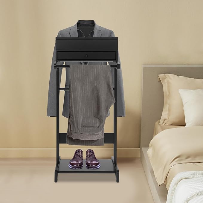 Suit Valet Stand Black, Freestanding Clothes Rack with Drawer & Shoe Rack, 33lbs Capacity, for Bedroom Hotel Entryway