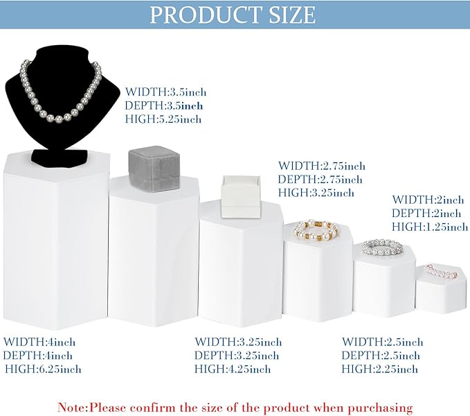 Jetec 6 Pcs Hexagonal Jewelry Display Risers Hexagonal Market Display Risers Stands Acrylic Showcase Acrylic Stand for Jewelry Model Figures Decoration, 6 Sizes (White)