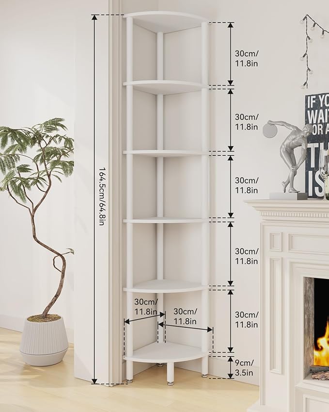IBUYKE 6 Tier Corner Shelf Stand,Industrial Corner Display Rack,Corner Bookshelf for Living Room, Bedroom, Kitchen, Home Office, White WBC011W