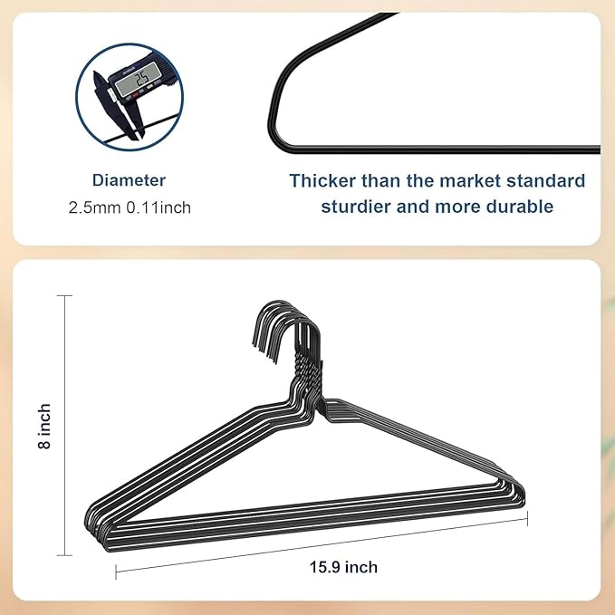 SPECILITE Wire Metal Clothes Hangers Bulk 50 Pack for Standard Size Suits, Coats, Shirts, Pants, Skirts, Space Saving, Non Slip,16 Inch 12 Gauge Ultra Thin, Black