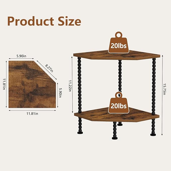 YINMIT Corner Shelf Stand, 2 Tier countertop Corner Organizer Shelf, Freestanding Corner Display Shelf for Small Spaces, Living Room, Bedroom, Bathroom, Kitchen, Office