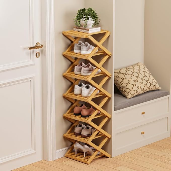 Bamboo Shoe Rack Organizer, 2-10 Tiers, Natural or Tea Color, No-Tool Assembly, Foldable Storage Shelf (Installation Free 8 Layers 30-Primary Colors)