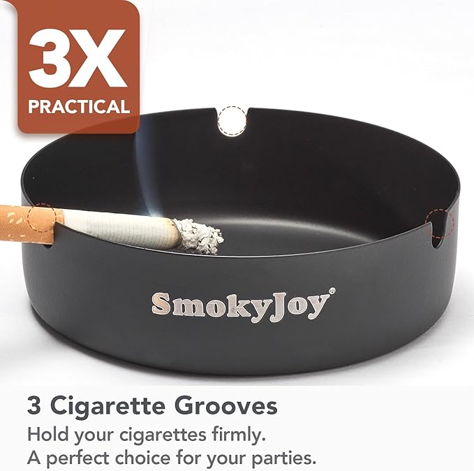 Ashtray with Lid for Outside Patio, 2 Pack Windproof Ash Tray, Black Stainless Steel Smokeless Ashtray for Outdoor Home Office Tabletop Patio Outdoor Balcony, Large