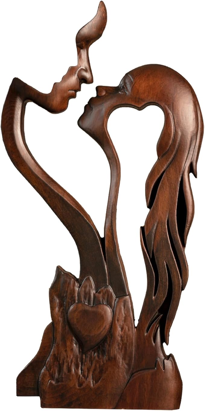 BGCOPPER Wooden Kissing Couple Ornament, Abstract Couple Portrait Sculpture Romantic Love Statue Decor Gift for Women Anniversary Valentine Wedding - 10 Inch