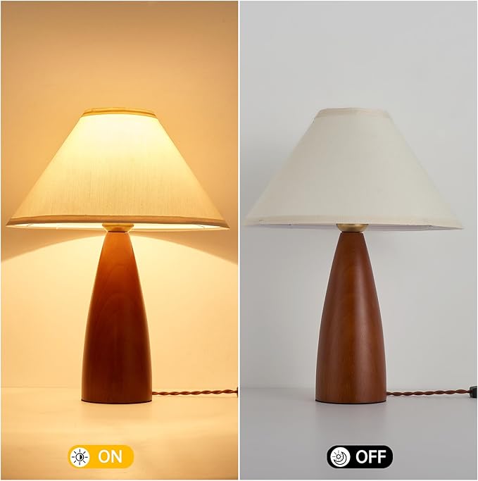 Bedside Table Lamp for Bedroom, Mid-Century Modern Plug in Fabric Shade & Solid Wood Base Desk Lamp, Plug & Play Red Wood Nightstand Lamp for Living Room 【Bulb Included】