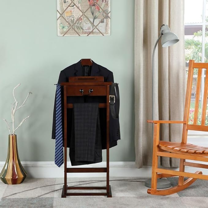 Wooden Wardrobe Valet Stand with Drawer Hanger Elegant Clothes Organizer with Trouser Bar Belt Hooks Shoe Rack and Storage Tray for Bedroom Closet, Dark Walnut