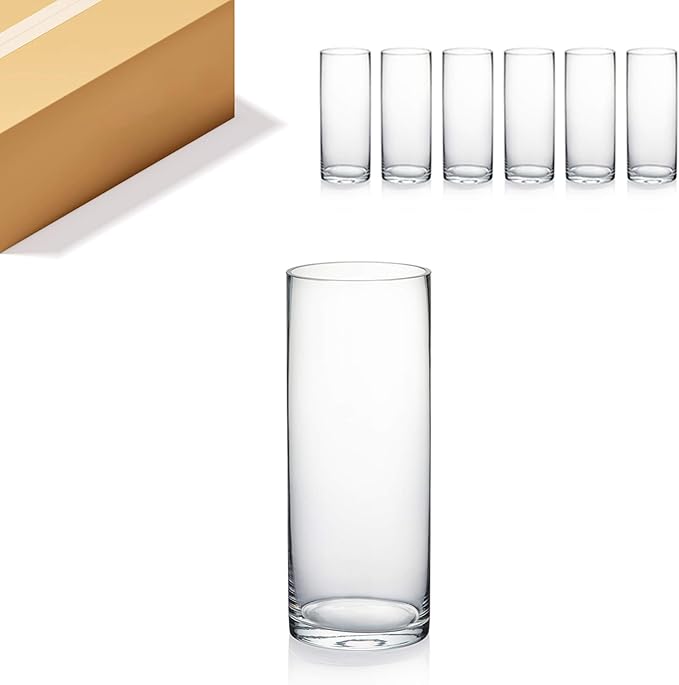 WGVI Quality Thick Weighted Clear Cylinder Glass Vases, 4" W x 10" H, Flower Arrangement Floating Candle Holders Wedding Centerpieces Terrarium Planter Floral Storage Container, Bulk Wholesale, 6 Pcs