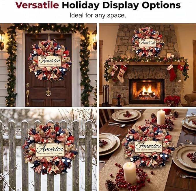 250th Anniversary Patriotic Wreath, 1776-2026 American Independence Day Wreath,16 in Red White Blue Front Door Wreath, Indoor Outdoor Home Decor for 4th of July, Memorial Day, Veterans Day (O)