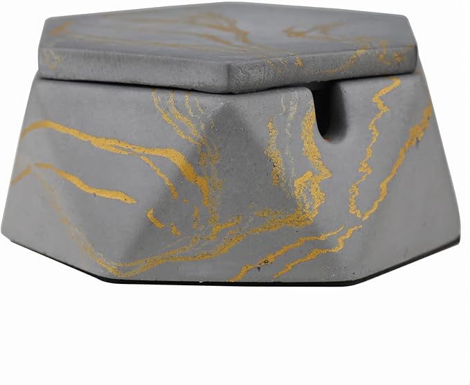 FREELOVE Concrete Ashtray with Lid & Stainless Steel Ashtrays for Cigarettes, Cement Ash Tray Smoking Holder Indoor Smokeless Outdoor Windproof Patio Home Office Cool Decor(Grey-Gold, Small)
