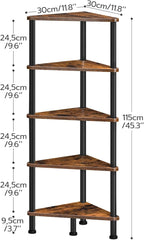 HOOBRO Corner Shelf Stand, Industrial 5-Tier Corner Bookshelf with Metal Frame, Plant Display Shelf, Small Bookcase for Small Spaces, Bedroom, Living Room, Rustic Brown BF33CJ01