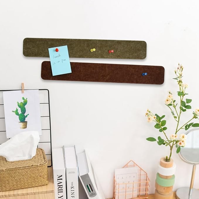 Vuzvuv 8 pcs Bulletin Board Bar Strips with 50 Pushpins & 10 Wooden Clip pins，Self Adhesive Cork Board for Wall，Felt Pin Board for School，Office Decor(Coffee-Brown White)