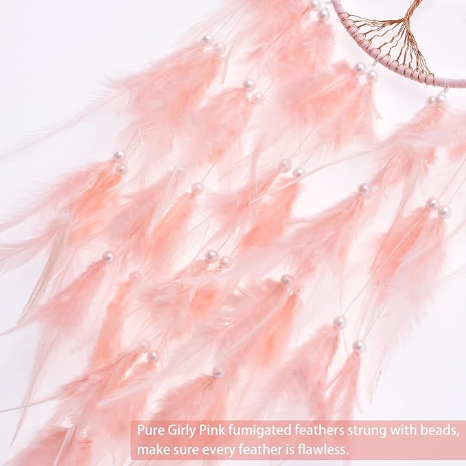 Pretty Jolly Pure Pink Tree of Life Dream Catcher Wall Decor with Healing Crystal Stone Handmade Feather Dream Catchers Decoration Wall Hanging Bedroom Living Room Wedding Party Home Decor-25.6"