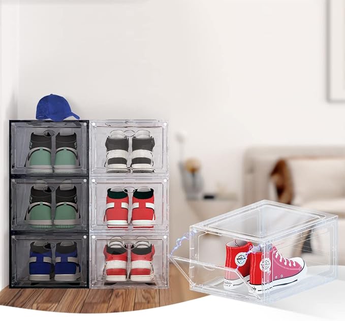 US 15 XXL 6 Pack Shoe Storage Box, Shoe Boxes Clear Plastic Stackable, Shoe Container for Organizing Sneaker and Basketball Shoes (XL BLACK 6 PACK)