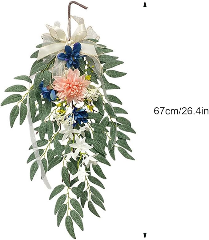 Artificial Hydrangea Teardrop Swag Hanging Floral Spring Swag Wreath with Willow Leaves Fake Plant Ivy Branch for Front Door Wedding Arch Window Wall Decor(Pink)