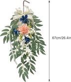 Artificial Hydrangea Teardrop Swag Hanging Floral Spring Swag Wreath with Willow Leaves Fake Plant Ivy Branch for Front Door Wedding Arch Window Wall Decor(Pink)