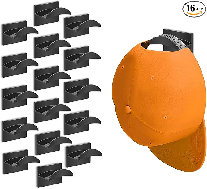 Adhesive Hat Hooks for Wall (16-Pack), Hat Rack for Baseball Caps, Minimalist Hat Display, Strong Hold Hat Hangers, No Drilling, Hat Holder Organizer for Wall (Black)