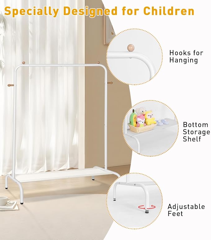 Kids Clothing Rack - Garment Rack with Bottom Storage Shelf for Children, Small Baby, & Toddler, Clothes Organizer, Shirts, Dresser, Hat, Backpack, Bedroom, White