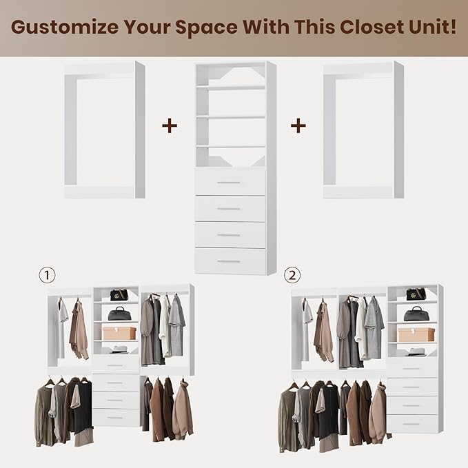 ROOMTEC Modular Closet System, 96" Wall-Mounted Closet Organizer with Drawers and Hanging Rods, Wooden Tower for Walk-In Closets, Wardrobe Storage Kit, White