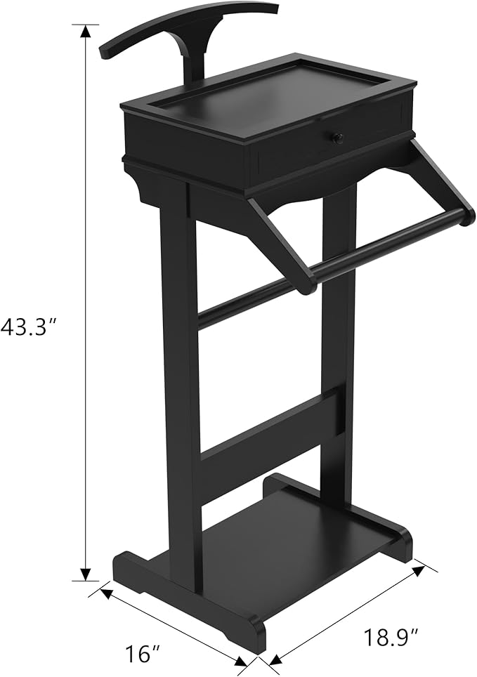 Wooden Valet Stand for Men, Suit Valet Stand with Top Tray, Storage Drawer, Bottom Shoe Rack, Freestanding Clothes Rack for Living Room, Entryway, Bedroom (Black with 1 Storage Drawers)