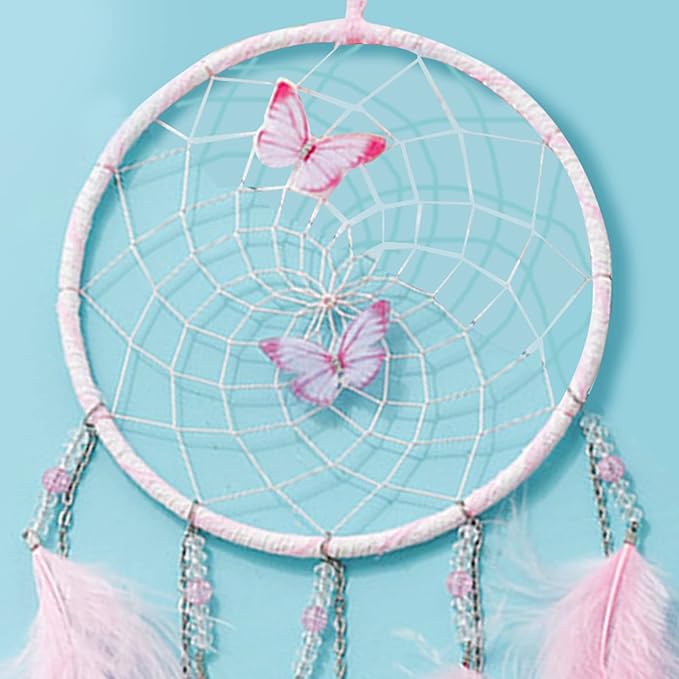 Pink Butterflies Dream Catcher Handmade Colorful Feather Dream Catchers Wall Decoration for Girls Kids ，Beautiful Wall Art. Great Decoration for Bedroom,Baby Tent,Sitting Room,Balcony,Party.