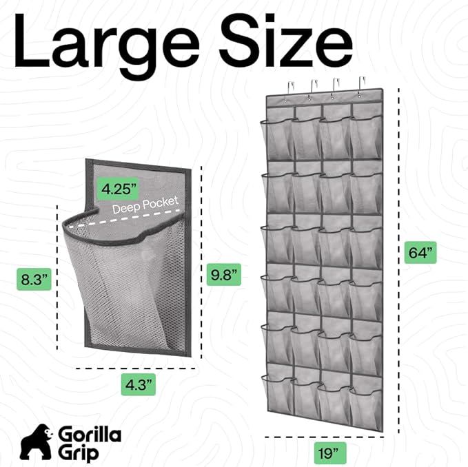 GORILLA GRIP Over the Door Shoe Organizer, 24 Large Breathable Mesh Pockets, Space Saving Hanging Storage Holder, Closet Rack Hanger Holds Up to 40 lbs, Hangs on Closets for Shoes, Accessories, Grey