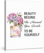 Inspirational Pink Flower Wall Art Decor for Powder Room Bedroom Bathroom, Motivational Quotes Wall Decor Canvas Painting Pictures Artwork Gift for Women Teens (11.5 X 15 Inches, Framed)