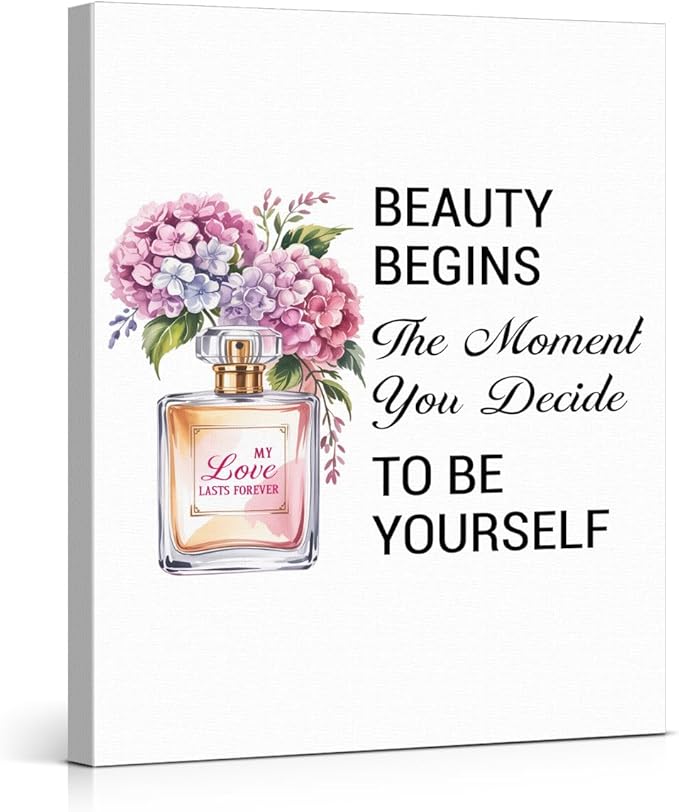 Inspirational Pink Flower Wall Art Decor for Powder Room Bedroom Bathroom, Motivational Quotes Wall Decor Canvas Painting Pictures Artwork Gift for Women Teens (11.5 X 15 Inches, Framed)