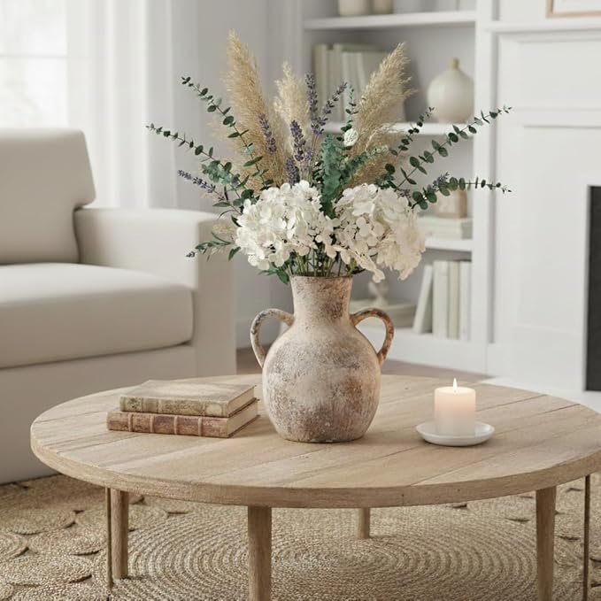SIDUCAL Rustic Ceramic Farmhouse Flower Vase with 2 Handles, Terracotta Vase, Decorative Pottery Flower for Home Decor, Table, Wedding, Living Room, Shelf Decor, 7.3 Inch, Brown