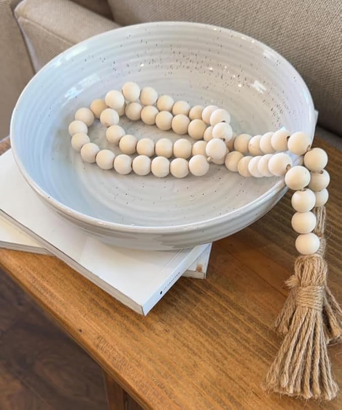 Boho Decor Wood Beads Garland Farmhouse Wall Hanging Decorations Natural Wooden Bead Tassel Decorative for Coffee Table Christmas and Prayer (Nature, 39")