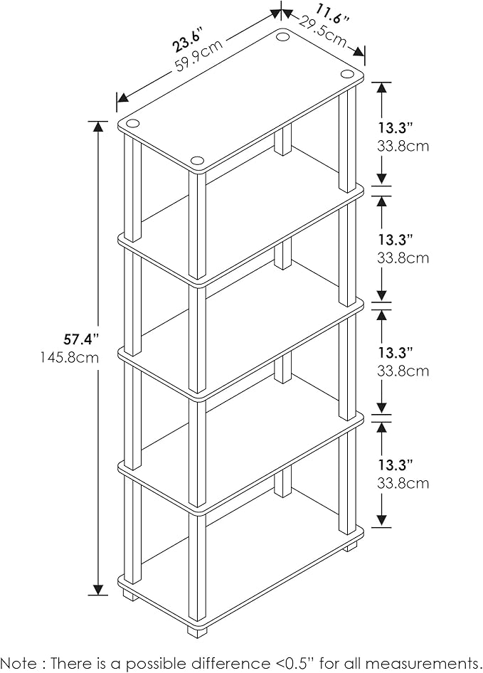 Furinno Turn-N-Tube 5-Tier Multipurpose Shelf / Display Rack / Storage Shelf / Bookshelf, Square Tubes, Light Cherry/Black