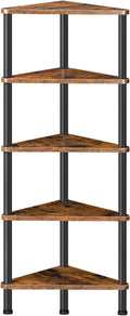 HOOBRO Corner Shelf Stand, Industrial 5-Tier Corner Bookshelf with Metal Frame, Plant Display Shelf, Small Bookcase for Small Spaces, Bedroom, Living Room, Rustic Brown BF33CJ01