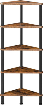 HOOBRO Corner Shelf Stand, Industrial 5-Tier Corner Bookshelf with Metal Frame, Plant Display Shelf, Small Bookcase for Small Spaces, Bedroom, Living Room, Rustic Brown BF33CJ01