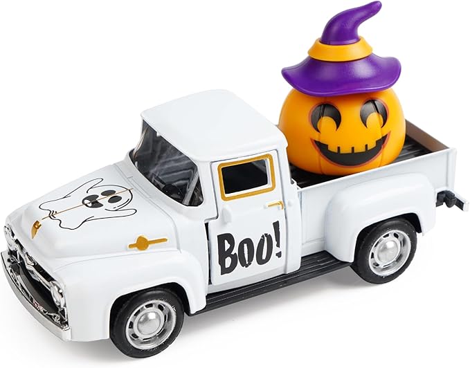 Halloween Truck Decor, Halloween White Ghost Metal Truck Decorations for Home Indoor, Mini Cute Pumpkin Tiered Tray Decor, Farmhouse Kitchen Tabletop Centerpiece Decorations