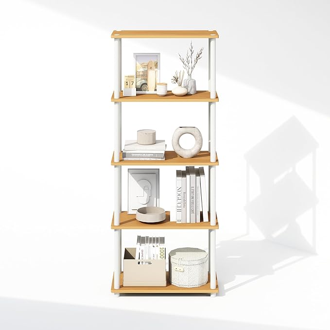 Furinno Turn-N-Tube Book Shelf, 5-Tier Bookshelf, Bookcase with Multipurpose Compact Display Rack, 11.6 x 23.6 x 57.4, for Living Room, Bedroom, Home Office, Beech/White
