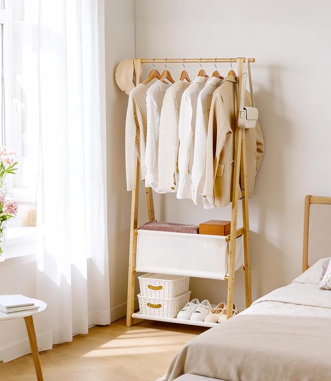 Bamboo Clothes Rack with Storage Box and Storage Shelf, Portable Extra Large Garment Rack Clothing Rack, Foldable Wardrobe For Entryway and Bed Room (S - 31.5 Inch)