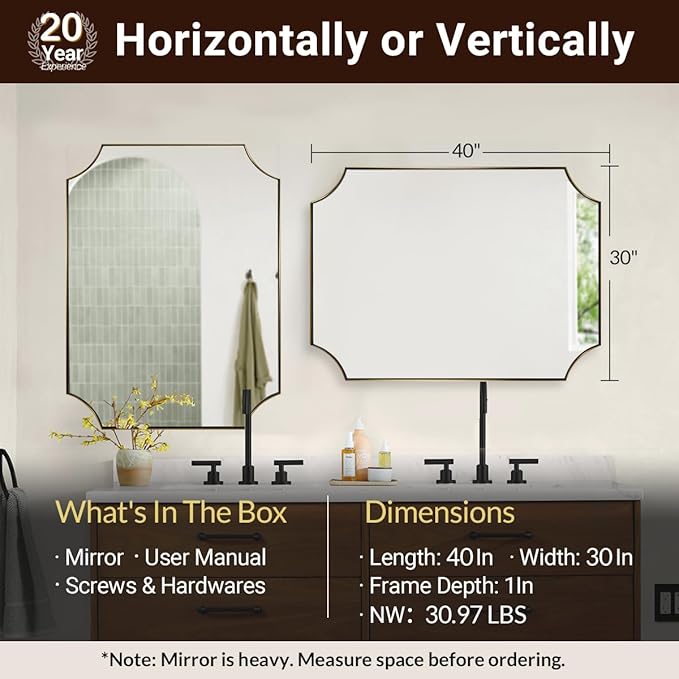 ANDY STAR 30x40 Inch Brushed Gold Mirror, Gold Scalloped Bathroom Mirror, Unique Rectangle Mirror in Never-Rust Stainless Steel Metal Frame, Wall Mount Vertical or Horizontal
