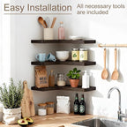 Floating Corner Shelves Set of 3, Solid Wood Picture Wall Shelf, Floating Shelves for Storage for Bedroom Kitchen Bathroom Living Room (Burnt)