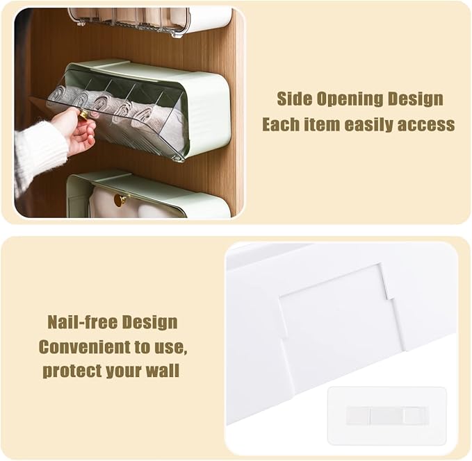 Socks Underwear Drawer Organizer, 5 Cell Compartments Acrylic Wall Mount Storage Boxes, Self-Adhesive Switchable Drawer Organizer for Socks, Lingerie, Ties, Cosmetic, Kitchen Spice(White)