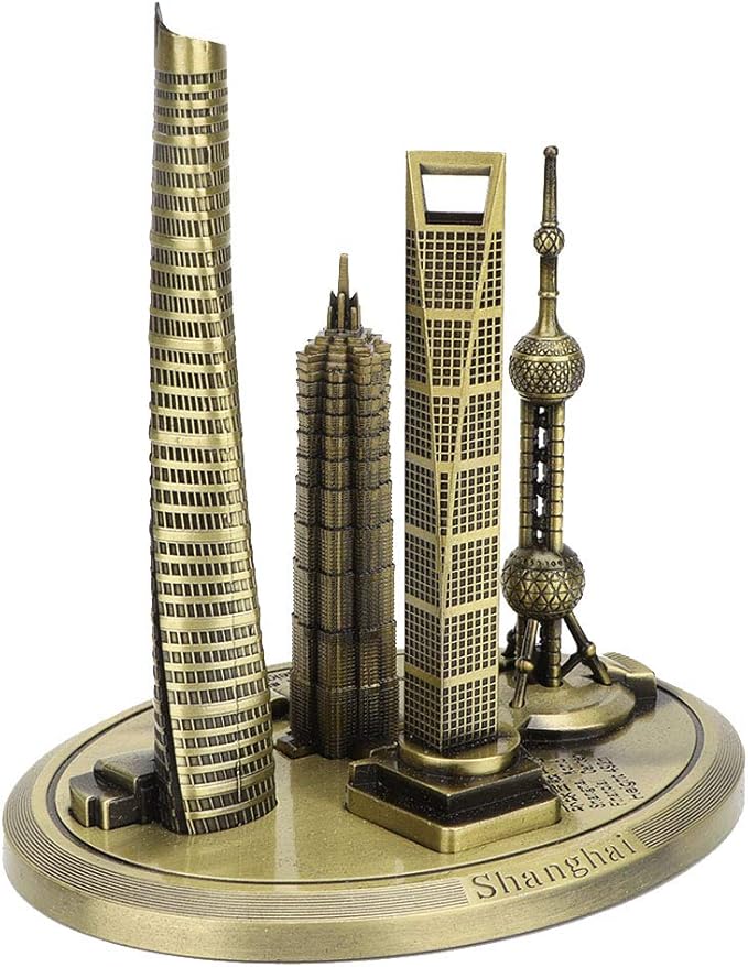 Shanghai Building Collection Model Set, Oriental Pearl Tower and Jin Mao Financial Center Souvenir, Electroplated Bronze Gold Metal Architecture Miniatures for Office Home Decor (Bronze-Large)
