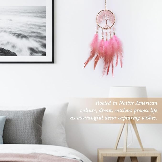 Pretty Jolly Small Tree of Life Crystal Stone Dream Catchers Pink Feathers Mini Dreamcatchers for Cars Rear View Mirror Hanging Decoration Good Luck Travel Charm Bedroom Ornaments for Women Girls