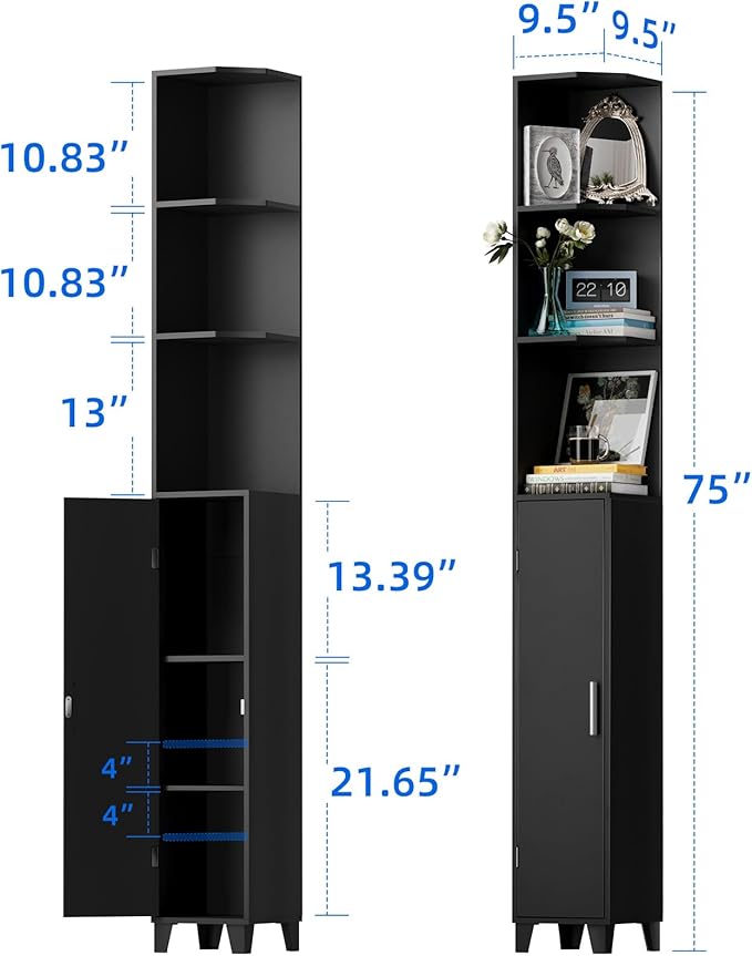 MOHOPE Corner Shelf with Cabinet, 74.8" Tall Corner Display Cabinet with Door, 5-Tier Narrow Bookshelf with Adjustable Shelves for Living Room, Bathroom, Dining Room, Small Space, Black