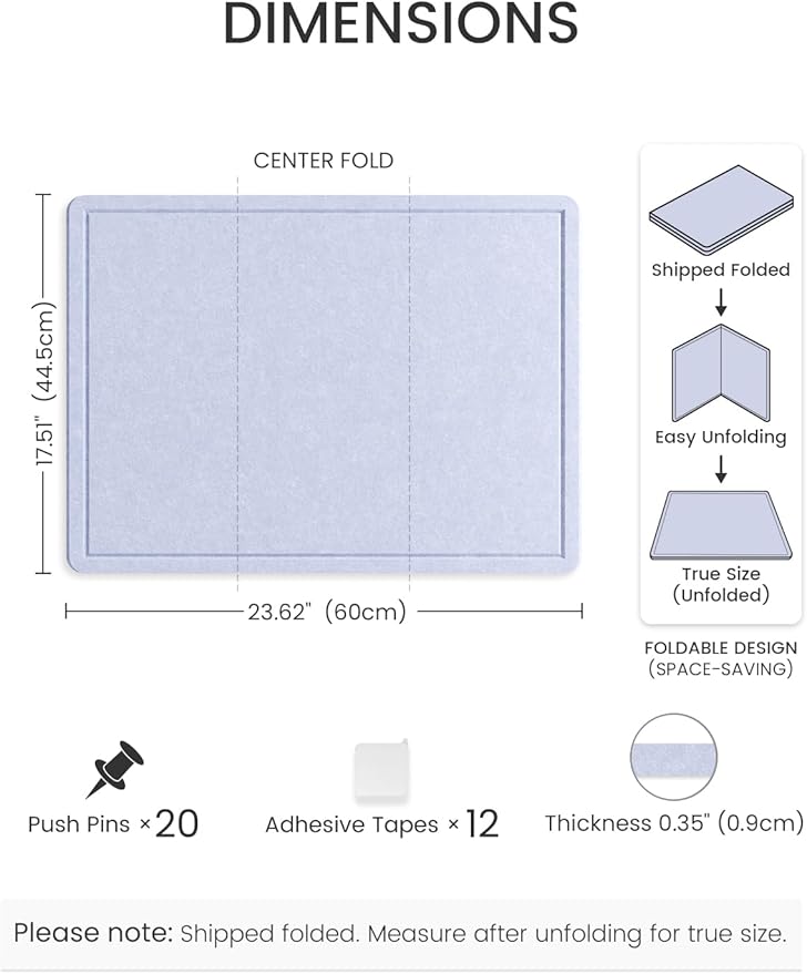 Fluxynara Bulletin Board, 23.6" x 17.5" Cork Board Alternative with 12 Safe Removable Adhesive Tabs, Foldable Felt Pin Board for Home Office, Classroom, Bedroom,Entryway for Walls—Soft Periwinkle