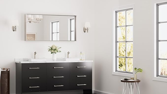 Keonjinn 48 x 24 in Brushed Nickel Bathroom Mirrors for Over Sink, Bathroom Vanity Mirror for Wall, Metal Frame Rectangle Mirror, Square Corner Brushed Silver Mirrors Full Length(Horizontal/Vertical)