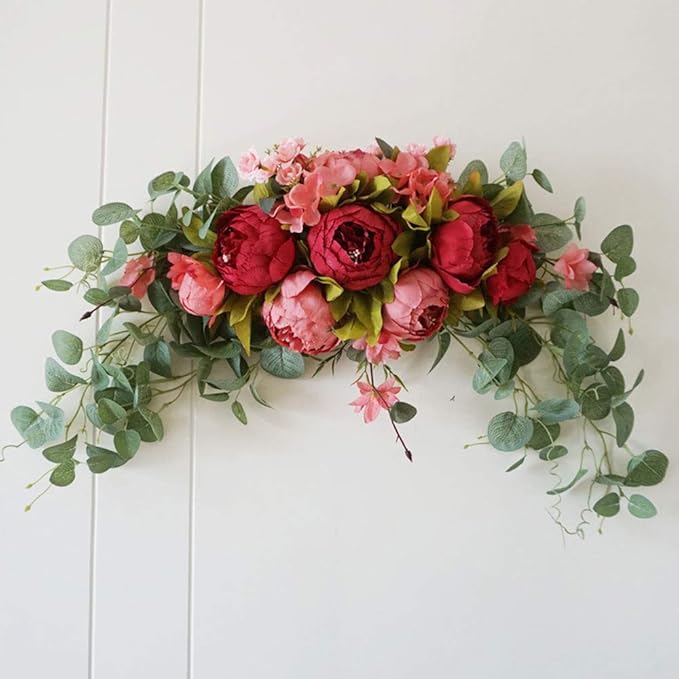 30 Inch Artificial Peony Flower Swag, Decorative Floral Swag with Fake Peonies Hydrangeas Eucalyptus Leaves Handmade Garland Wreath for Wedding Party Home Decor(Red)