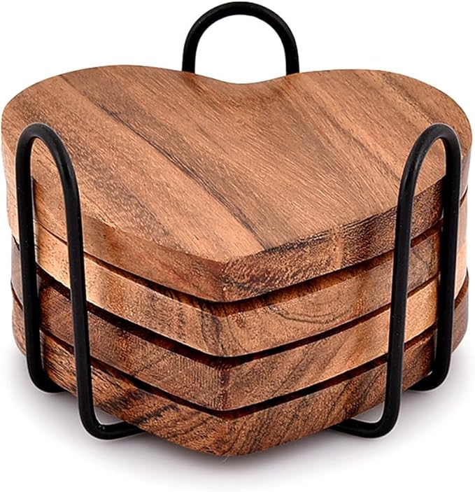 Samhita Acacia Wood Heart Shape Coaster Set of 4 with Iron Holder for Coffee Table Décor Housewarming Gift New Home Kitchen Décor