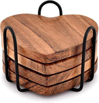 Samhita Acacia Wood Heart Shape Coaster Set of 4 with Iron Holder for Coffee Table Décor Housewarming Gift New Home Kitchen Décor
